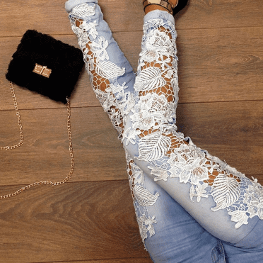 Women Skinny Blue Floral Lace Jeans - Club Trendz 