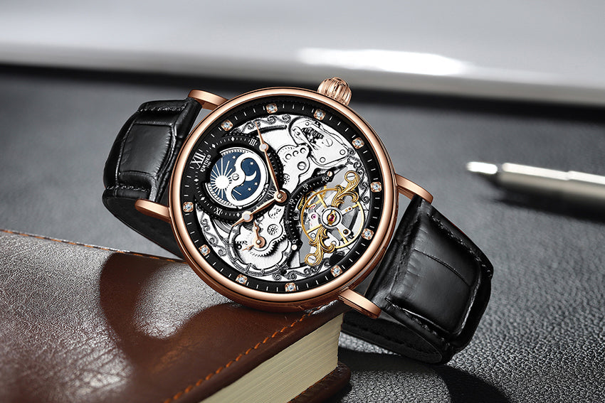 Kinyued Automatic Watch with Moon Phase Luxury Steampunk Men Mechanical Watch