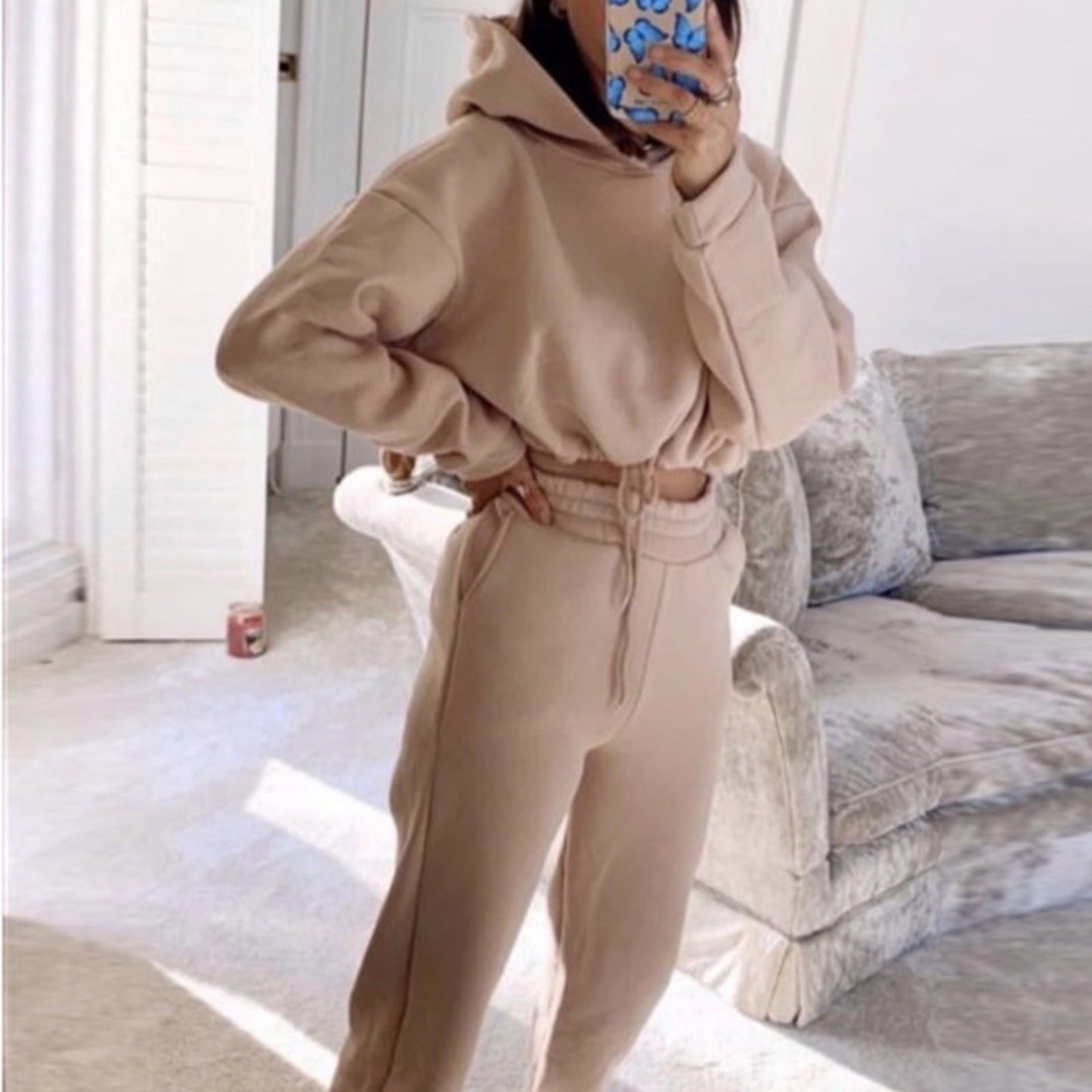 Fashion Casual Solid Basic Hooded Collar Long Sleeve Two Pieces Sweatsuit - Club Trendz 