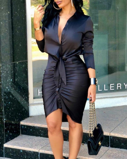 Women Lace-up Solid Color Long Sleeve Midi Party Dress