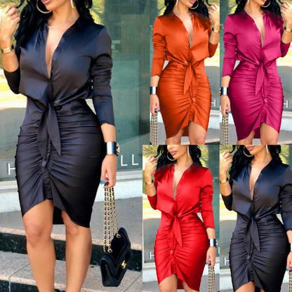 Women Lace-up Solid Color Long Sleeve Midi Party Dress