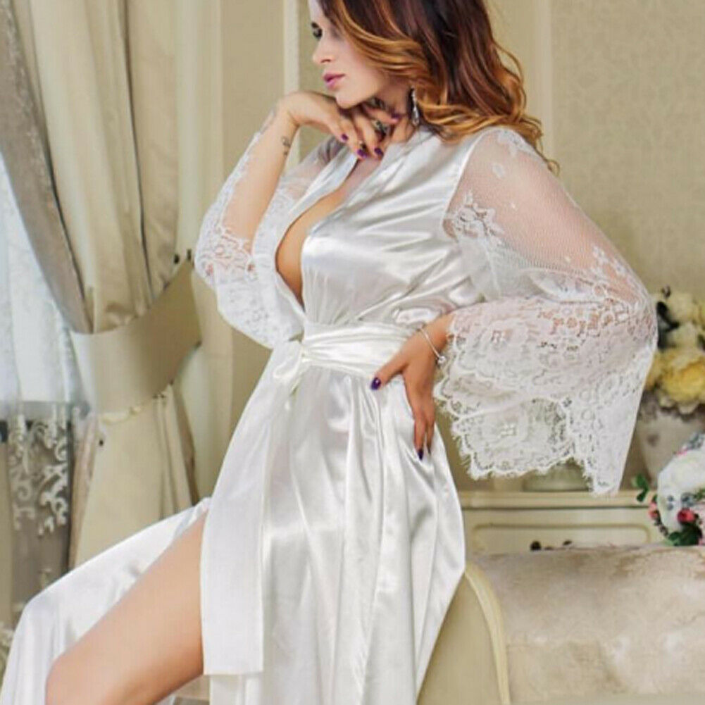 Women Silky Lace Robe Sleepwear Nightgown