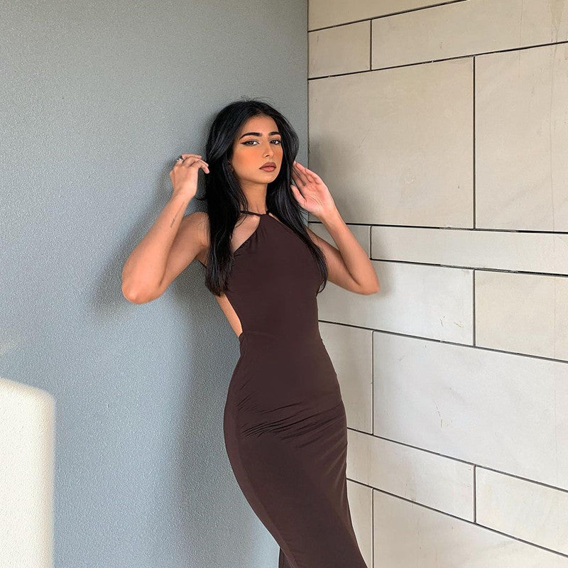 Solid Color Halter Sleeveless Bodycon Long Dress - Club Trendz 