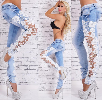 Women Skinny Blue Floral Lace Jeans - Club Trendz 