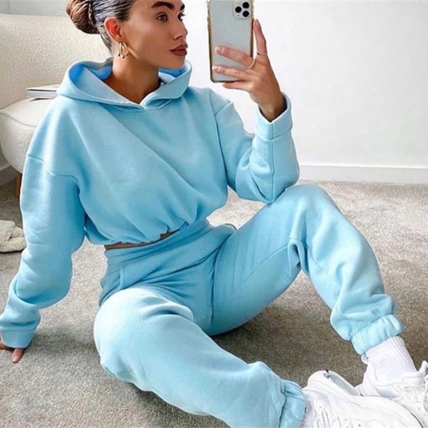 Fashion Casual Solid Basic Hooded Collar Long Sleeve Two Pieces Sweatsuit - Club Trendz 