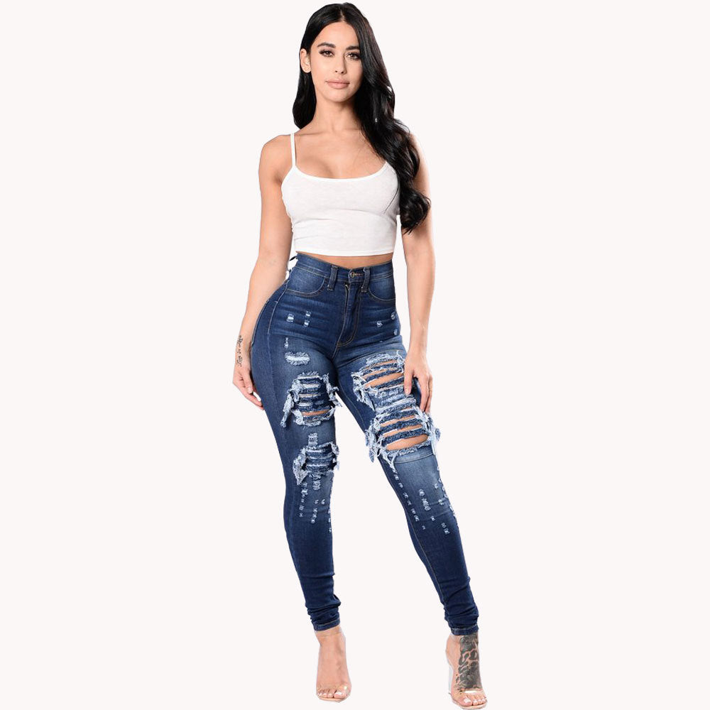 Women's Ripped Denim Washed Pencil Style Skinny Jeans - Club Trendz 