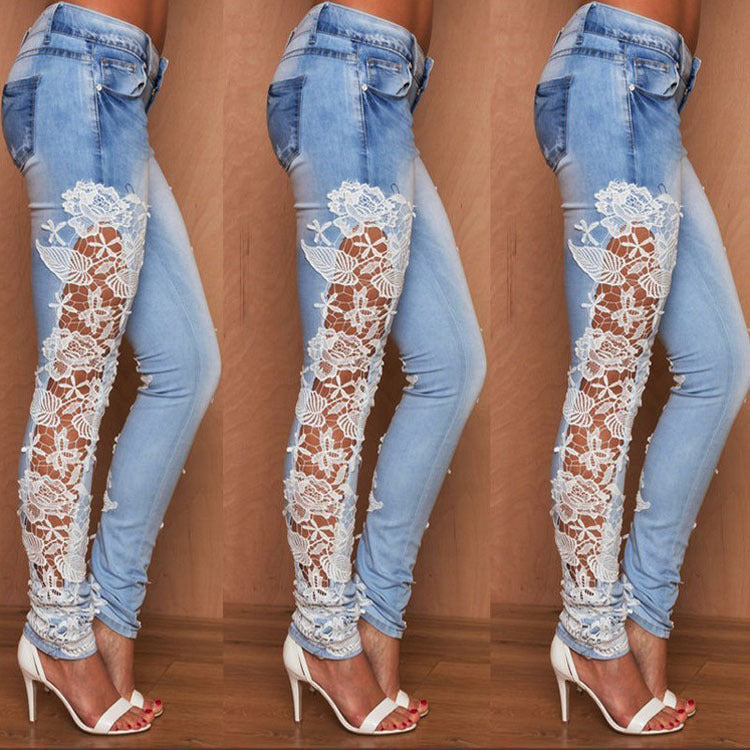 Women Skinny Blue Floral Lace Jeans - Club Trendz 