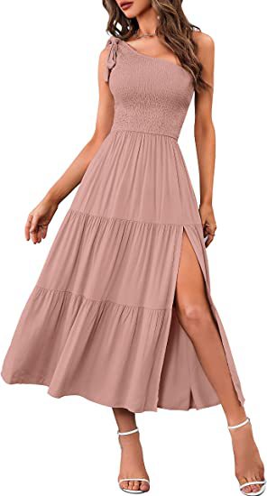 Fashion Women's One-shoulder Pleated Layered Hem Split Leg Cut Dress - Club Trendz 