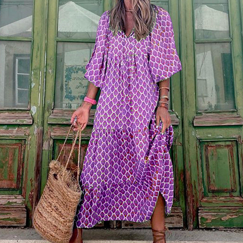 Women's Vintage Printed Bohemian Elegant Ladies Casual Loose V-Neck Dress - Club Trendz 