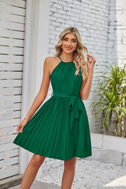 Women Chiffon Halter Solid Pleated Skirt Single Piece Dress - Club Trendz 