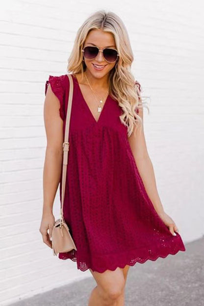 Beautiful Lace Casual Sleeveless Jacquard Cutout V-Neck Dress - Club Trendz 