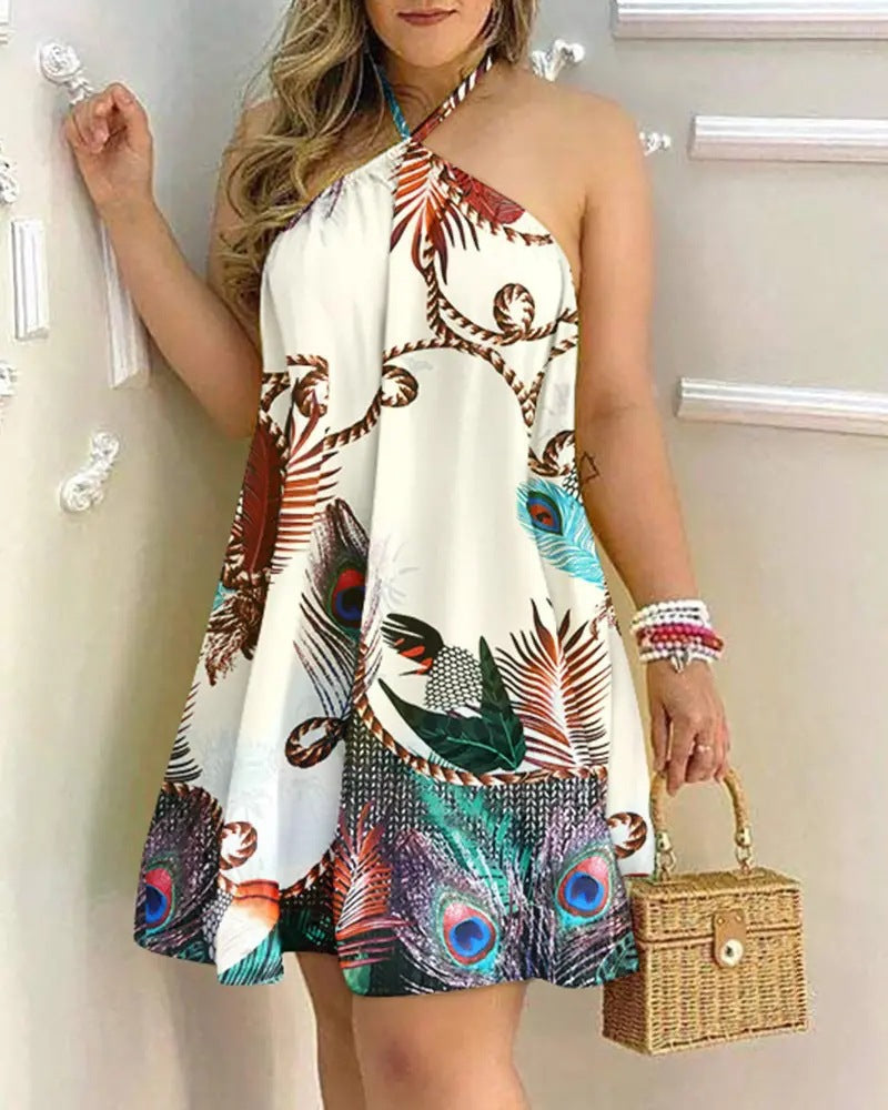 Women Printed Off-Shoulder Hanging Neck Sleeveless Dress - Club Trendz 