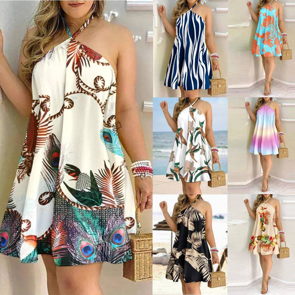 Women Printed Off-Shoulder Hanging Neck Sleeveless Dress - Club Trendz 