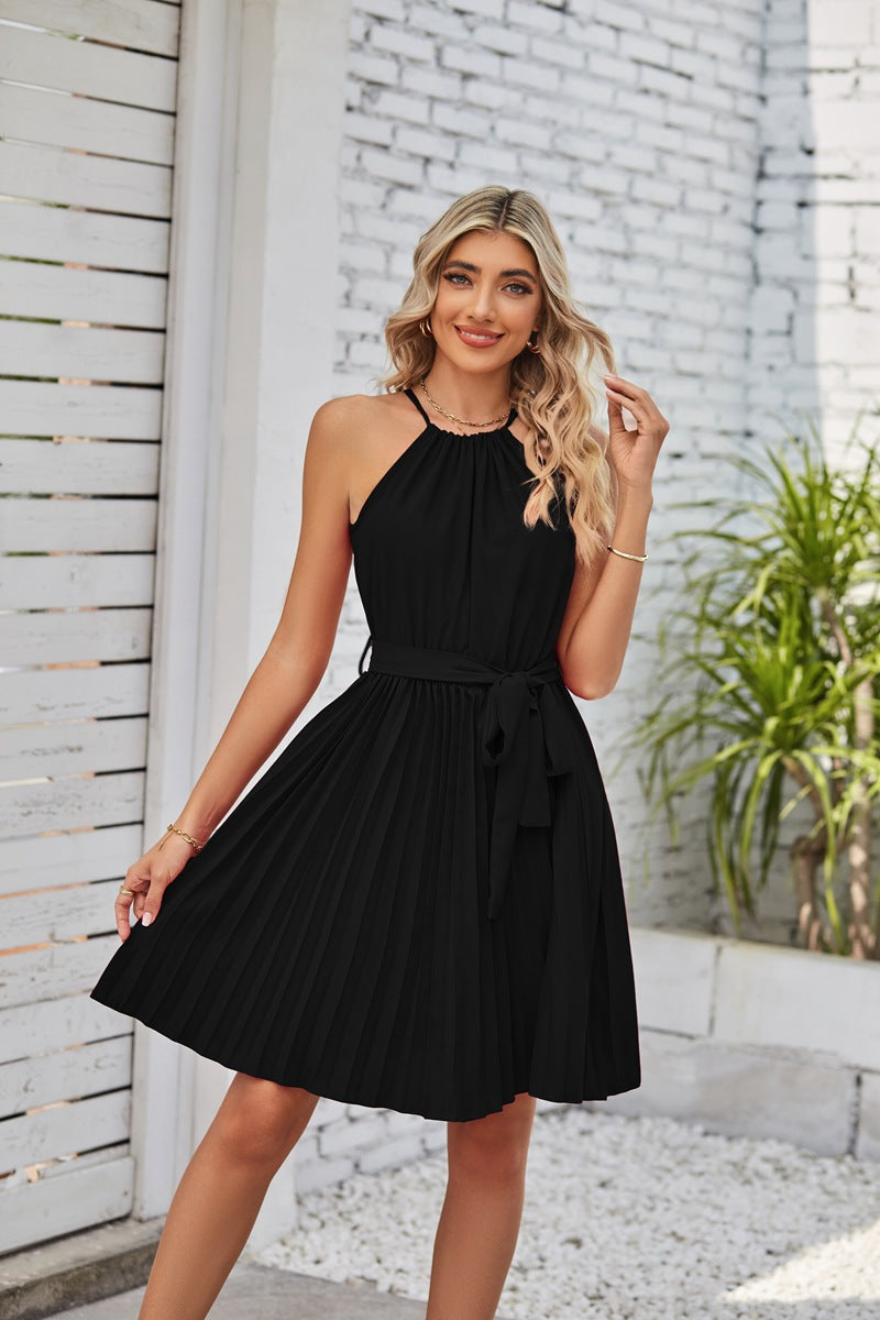 Women Chiffon Halter Solid Pleated Skirt Single Piece Dress - Club Trendz 