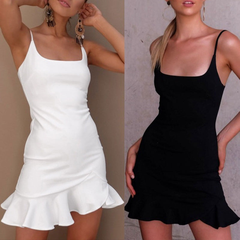 Women Ruffles Trumpet Spaghetti Strap Slim Party Dress