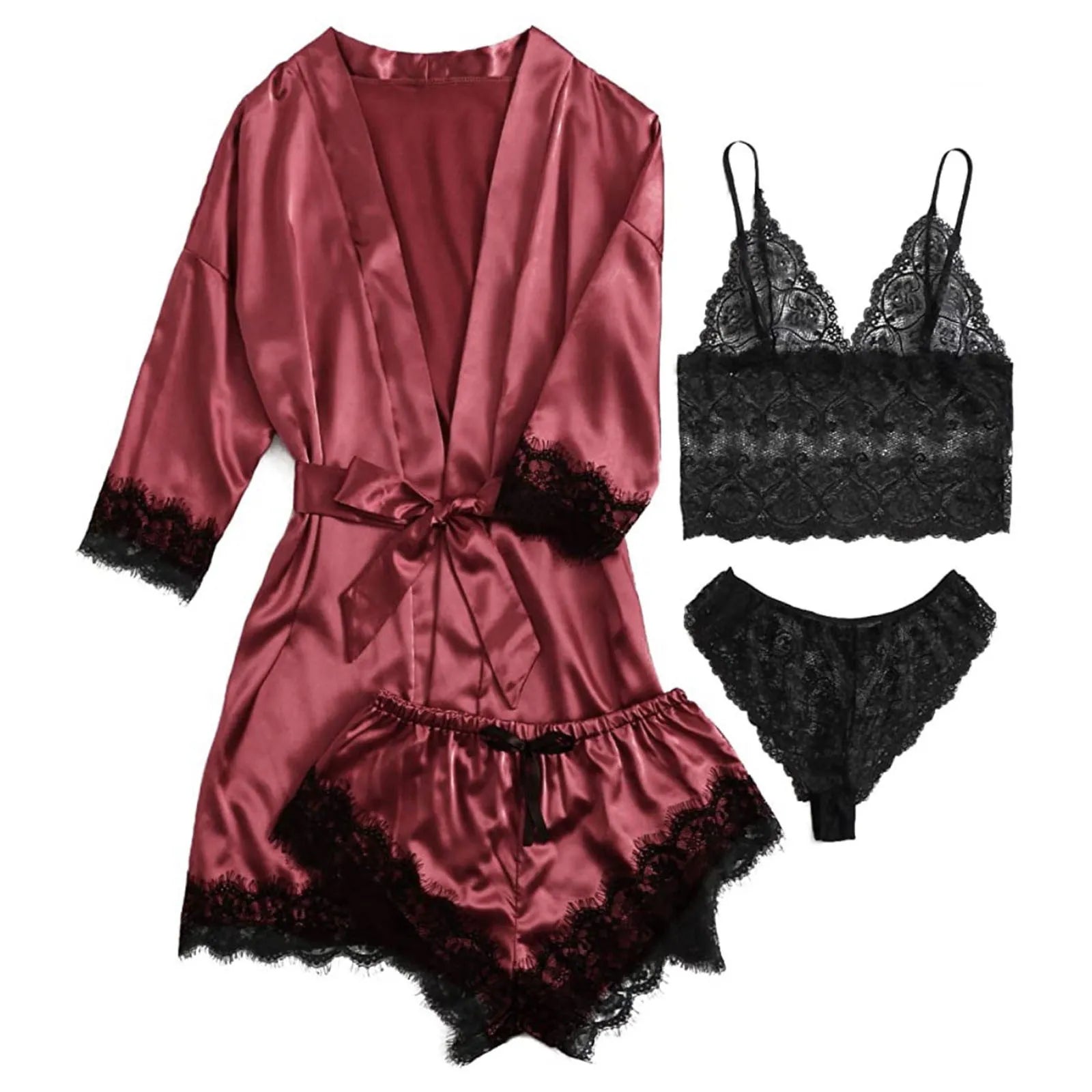 Women's Silk Satin Pajamas Set: 4 Pieces Lingerie Floral Lace Sleepwear With Robe Nightgown Long - Club Trendz 
