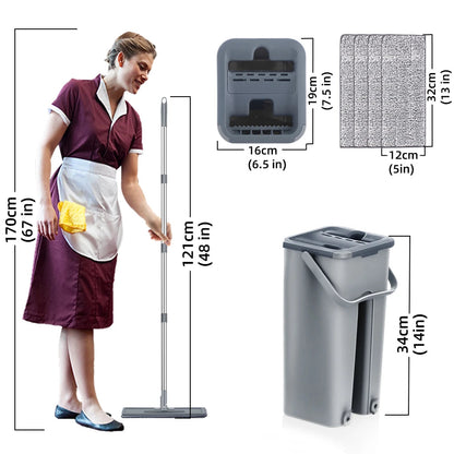 Hands Free Flat Floor Mop and Bucket With 6 Washable Microfiber Pads