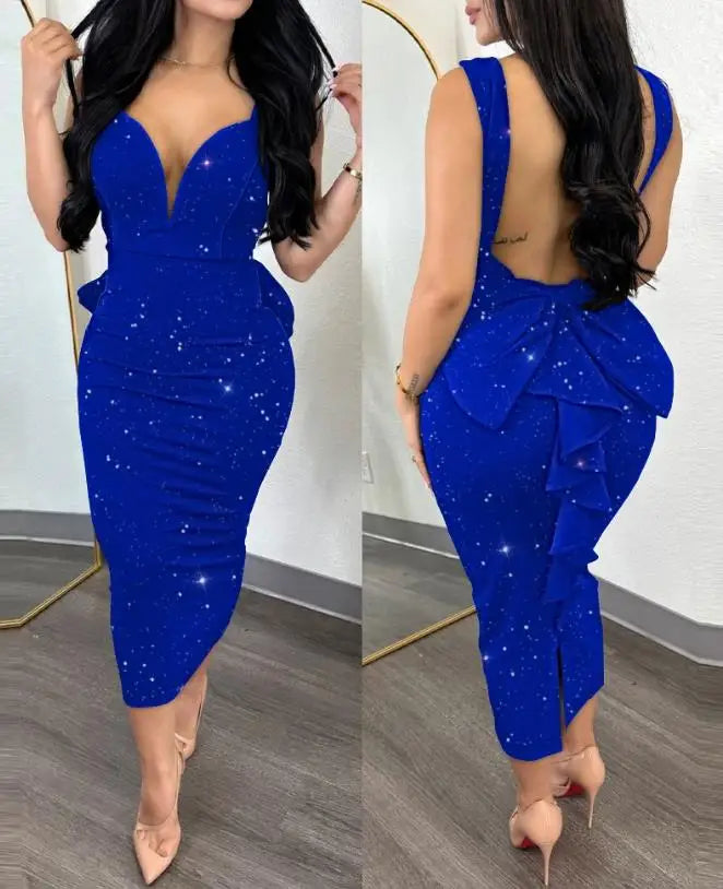 Dresses Women Sexy Night Out Plunge Glitter Ruffle Hem Backless Sleeveless Fashion Bodycon Party Dress 2023 Summre Vestidos