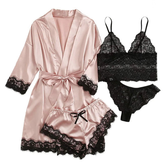 Women's Silk Satin Pajamas Set: 4 Pieces Lingerie Floral Lace Sleepwear With Robe Nightgown Long - Club Trendz 