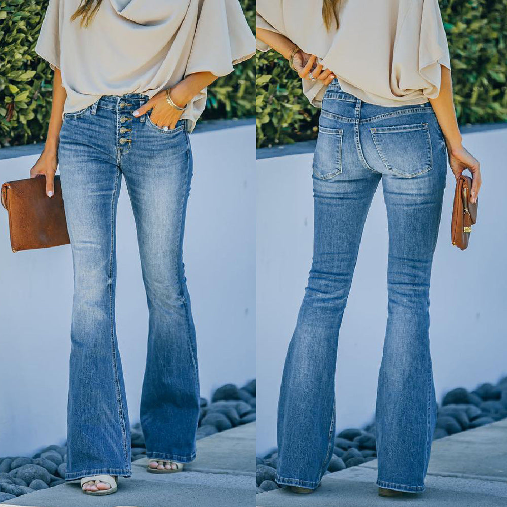 Women Slim Fit Slim Multi-button Flared Washed Jeans - Club Trendz 