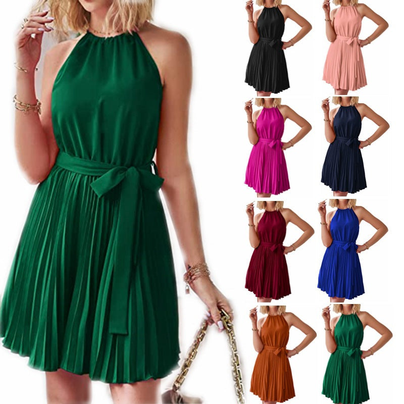 Women Chiffon Halter Solid Pleated Skirt Single Piece Dress - Club Trendz 