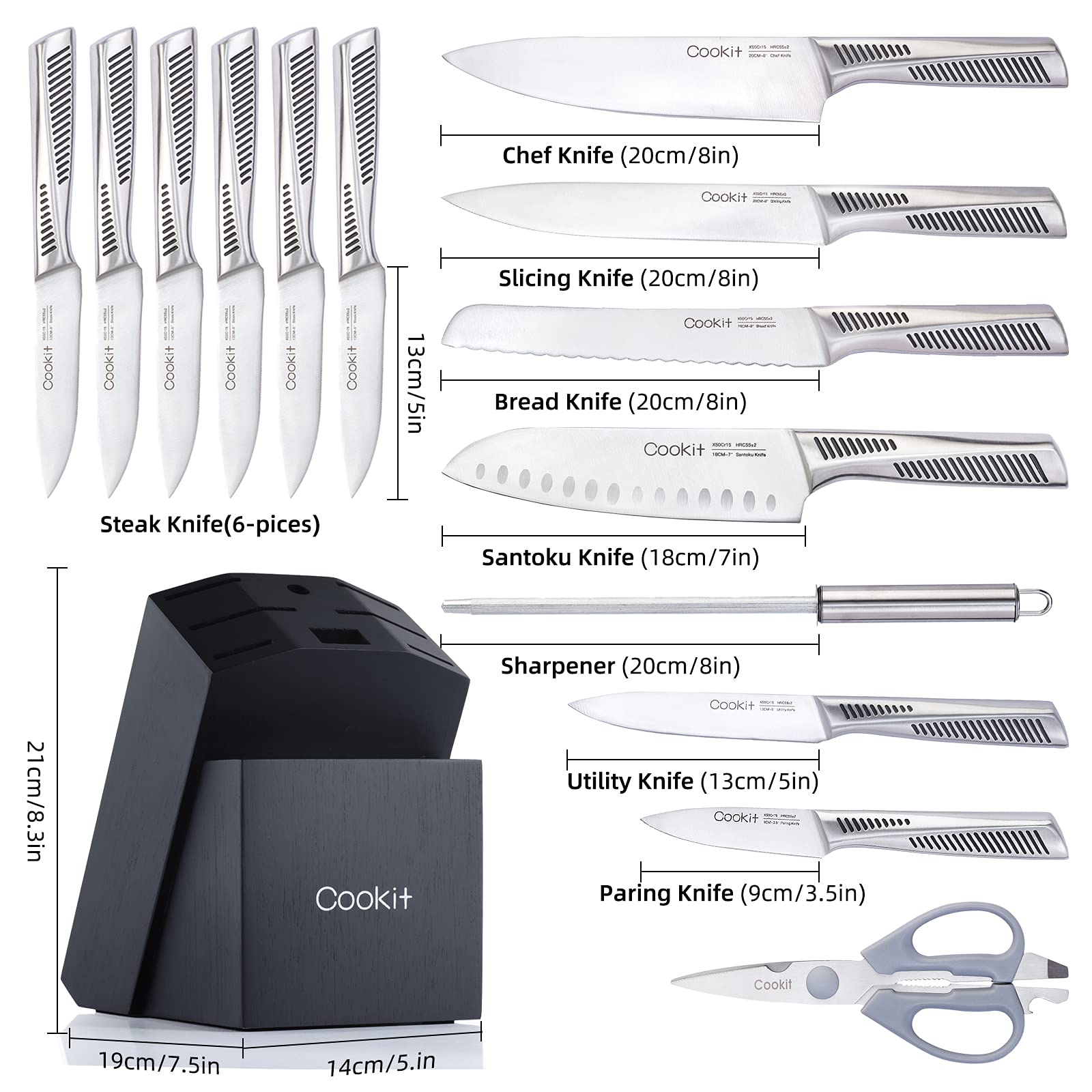 German Stainless Steele 15 Piece Professional Kitchen Knife Set With Block - Club Trendz 