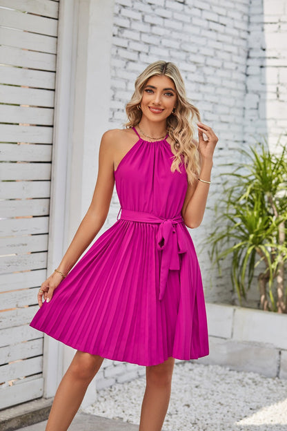 Women Chiffon Halter Solid Pleated Skirt Single Piece Dress - Club Trendz 
