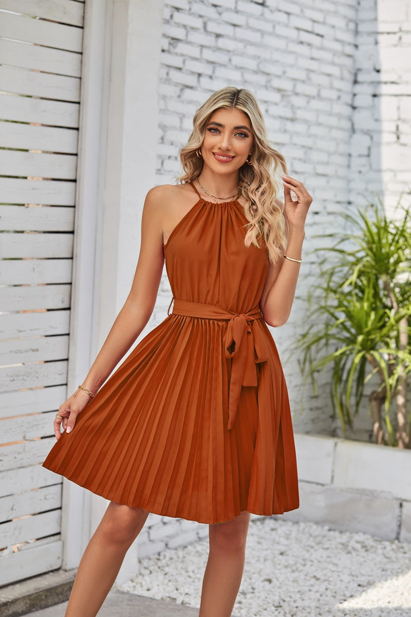 Women Chiffon Halter Solid Pleated Skirt Single Piece Dress - Club Trendz 