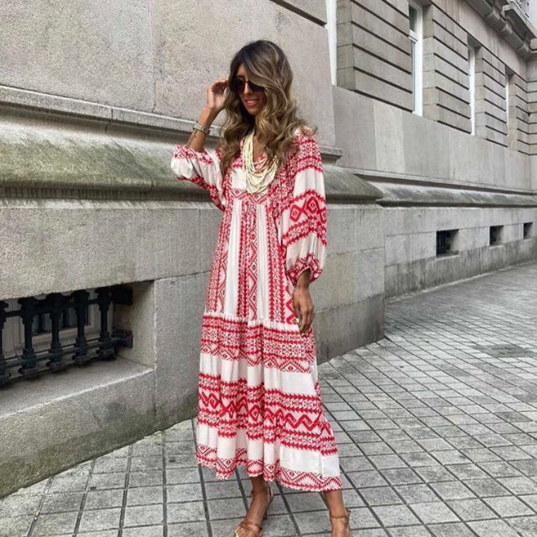 Women's Vintage Printed Bohemian Elegant Ladies Casual Loose V-Neck Dress - Club Trendz 