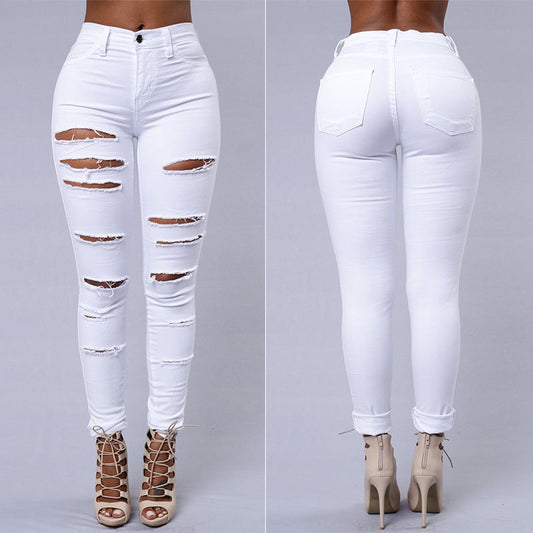 Women Skinny Strech Ripper Pencil High Waist White Jeans - Club Trendz 